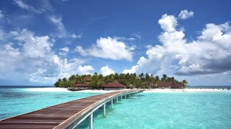 Long Pier to the Small Island - clouds, trees, nature, island, ocean, pier