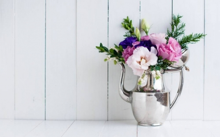 Still Life - flowers, silver, still life, container