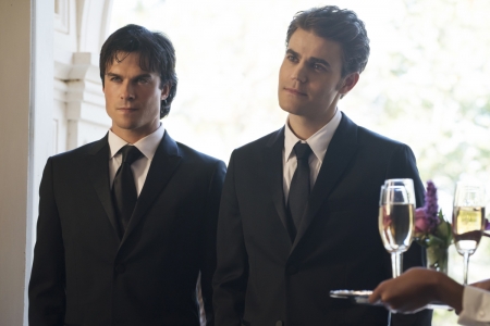 The Vampire Diaries (TV Series 2009â€“ ) - costume, couple, glass, paul wesley, tv series, black, fantasy, ian somerhalder, man, tie, vampire diaries, scene