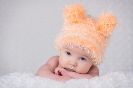 Cute baby - white, ears, baby, fluffy, hat, orange, child, copil