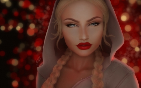 Beauty - woman, rendering, girl, braids, fantasy, face, luminos, red, lights, blonde