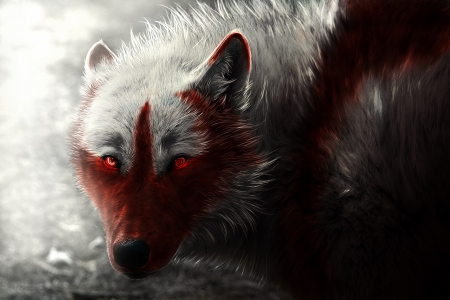 Fantasy wolf - lup, fantasy, white, animal, wolf, red, eyes, luminos