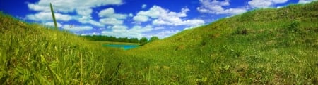 River among fields - sky, clouds, river, field, grass