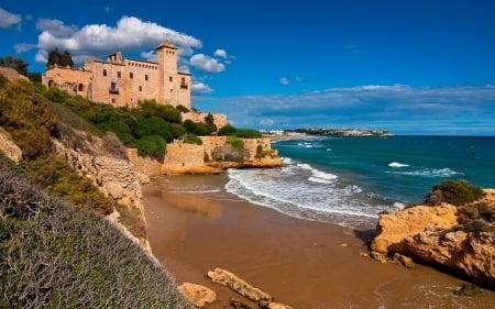 Small Castle at the Seashore - clouds, trees, shore, sea, castle