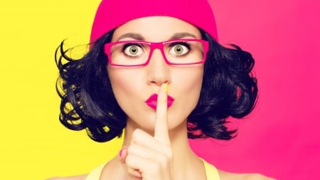 Shhh! - funny, glasses, pink, model, yellow, girl, mood, hat, hand, woman