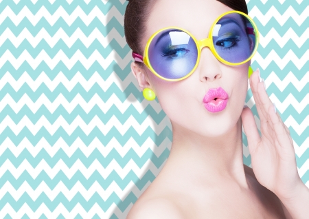 A summer kiss - yellow, summer, blue, girl, pink, lips, glasses, hand, woman, model, kiss, face