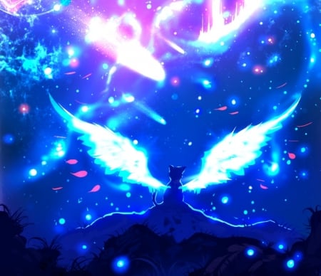 I wanna fly - cat, angel, wings, pisica, fantasy, white, luminos, pink, blue, anime, manga