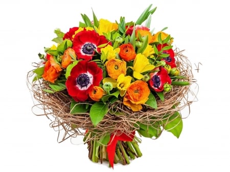 Bouquet of flowers - white, red, card, flower, bouquet, yellow, green