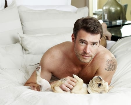 Scott Foley - tattoo, actor, dog, man, Scott Foley, white, animal, cute, caine, puppy