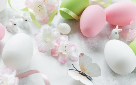 Easter - eggs, blossoms, rabbits, Easter bunnies, cherry blossoms, Easter, flowers, Spring, butterfly, ribbon, bunnies, figurines, ribbons