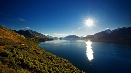 Sun Shining on the Calm River - river, nature, reflection, mountain, sun