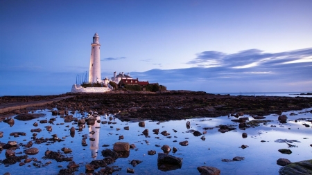 Tall White Lighthouse - nature, lighthouse, clouds, rock, coast