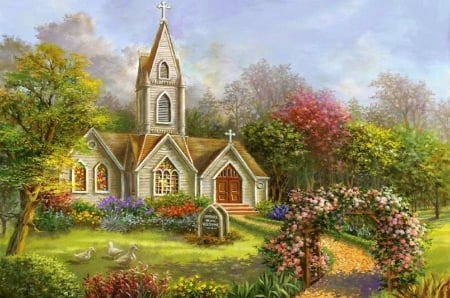 Worship in its Glory - summer, attractions in dreams, paintings, spring, architecture, flowers, nature, churches, garden, love four seasons, chaple