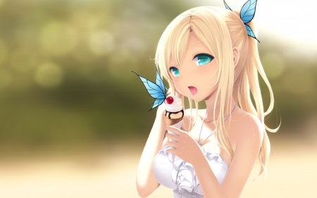 Anime Girl and Butterfly - anime, colorful, cute, butterflies