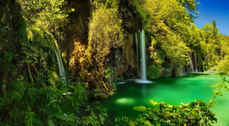 Exotic waterfall - waterfall, beautiful, green, exotic, emerald, rocks