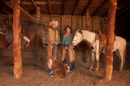 In The Barn.. - girls, western, cowboy, animals, women, hats, ranch, outdoors, horses, brunettes, cowgirl, dogs, fun, female, barn, boots