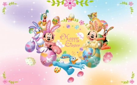 Happy Easter! - goofy, minnie, blue, mickey, donald duck, mouse, flower, pink, easter, egg, disney