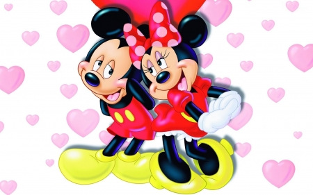 Mickey and Minnie Mouse in love - minnie, heart, mickey, mouse, love, pink, red, valentine, card, couple, disney