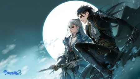 Vampires - moon, couple, black, vampire, fantasy, white, man, blue, luna