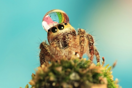 Spider - spider, rainbow, blue, green, eyes, water drop, insect, paianjen