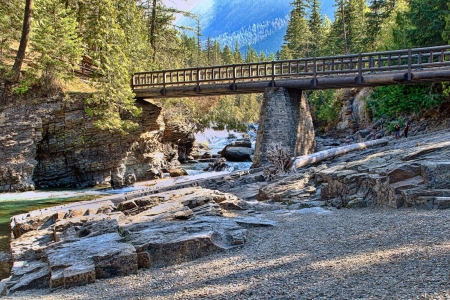 Bridge over MacDonald Creek, Montana - water, stones, trees, river