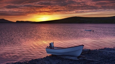 A Soft Evening on the Lake - boats, shore, nature, evening, lake