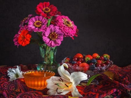 ZINNIAS - fruit, flowers, vase, bowls, colors