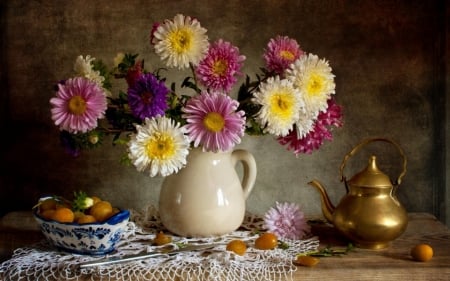 GERBERAS - daisies, vase, colors, fruit