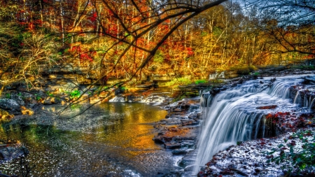 Beautiful Cascading - trees, forest, leaves, fall, river, nature, waterfall, red, cascading