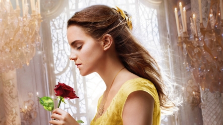 Beauty and the Beast 2017 - princess, beauty and the beast, actress, movie, girl, belle, rose, fantasy, emma watson, yellow, red, disney