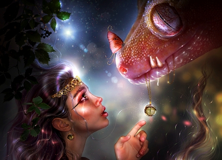 Mireya and her lost amulet - girl, eye, mireya, pink, lost amulet, fantasy, dragon, brietolga, art, luminos