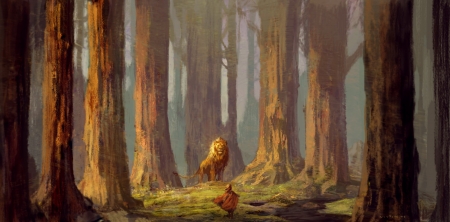 Beauty and the Beast - girl, forest, orange, tree, fantasy, animal, lion, art, luminos