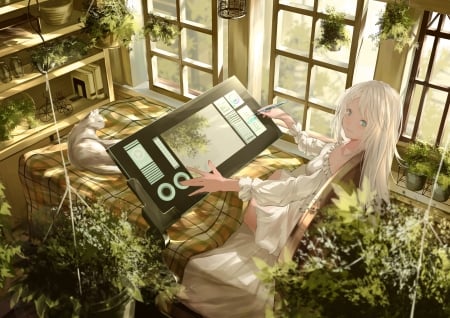 Anime girl - tablet, manga, anime, summer, green, miya key, girl, plant