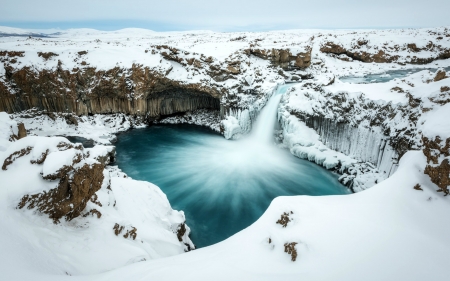 Aldeyjarfoss Waterfall, Iceland - winter, nature, waterfall, snow, iceland