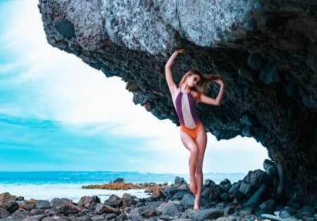 Carmella Rose - clouds, Carmella Rose, water, beach, blonde, sea, ocean, babe, lady, woman, model, sky