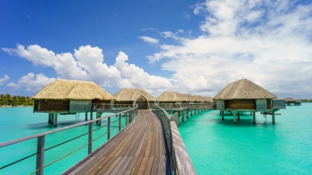 Tropical Paradise - hut, nature, pier, paradise, clouds, sea, resort