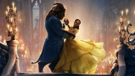 Beauty and the Beast 2017 - princess, beauty and the beast, couple, dance, movie, belle, fantasy, emma watson, poster, yellow, blue, disney