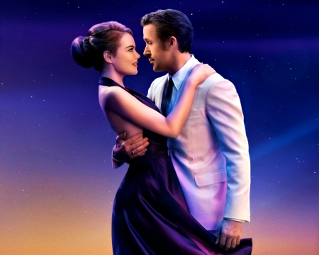 La La Land (2016) - woman, actress, couple, dance, movie, black, la la land, white, ryan gosling, emma stone, man, blue, actor