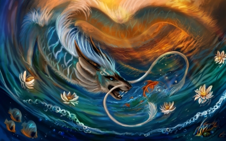 Dragon - water, summer, fantasy, art, lotus, blue, luminos, flashw, orange, exotic hunter, fish