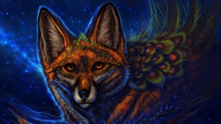 Fantasy fox - vulpe, night lullaby, fantasy, peacock, fox, art, blue, luminos, flashw, orange, green, feather