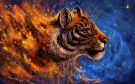 Burning - burning, fire, fantasy, art, luminos, flashw, blue, orange, tiger