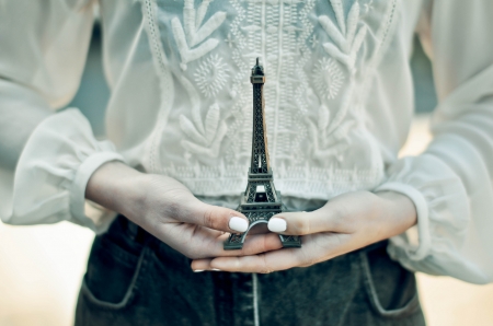 Tower Eiffel - paris, white, hand, blue, figurine, france, tower eiffel