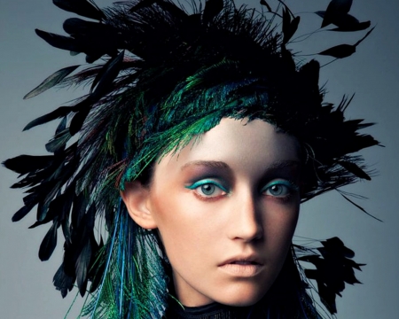 Model - girl, feather, black, peacock, green, woman, model, face, makeup