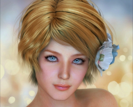 Beauty - redragon, blue, girl, eyes, blonde, fantasy, rendering, face, lorely, luminos