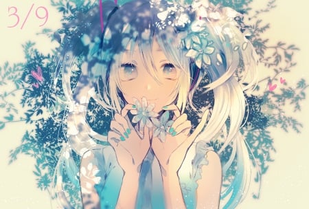 Anime girl - manga, anime, white, blue, girl, chocotto, flower, cacao