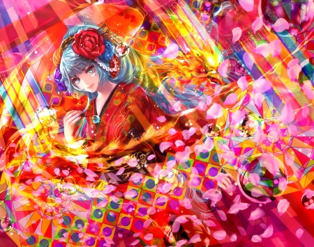 Hatsune Miku - red, flower, vocaloid, yellow, anime, suu, girl, blue, manga, knzksu, hatsune miku