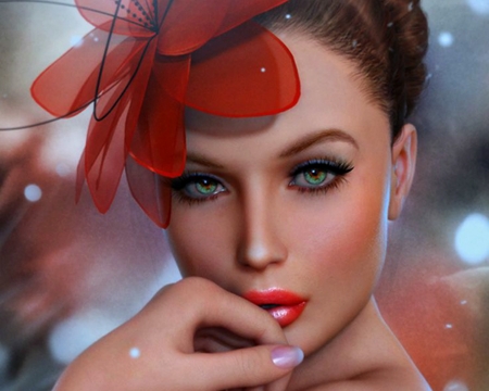 Beauty - beauty, woman, rendering, girl, eyes, fantasy, face, luminos, red, redragon, flower