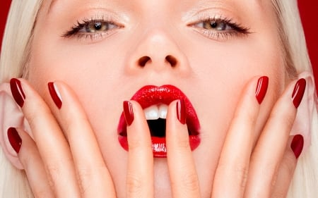 Martina Dimitrova - face, red, model, lips, hand, martina dimitrova, girl, woman