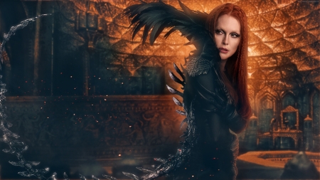 Seventh Son  (2014) - poster, queen, feather, Julianne Moore, actress, black, seventh son, fantasy, redhead, woman, movie