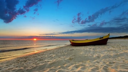 Sunset On The Beach - clouds, sunset, nature, beach, boat, sand